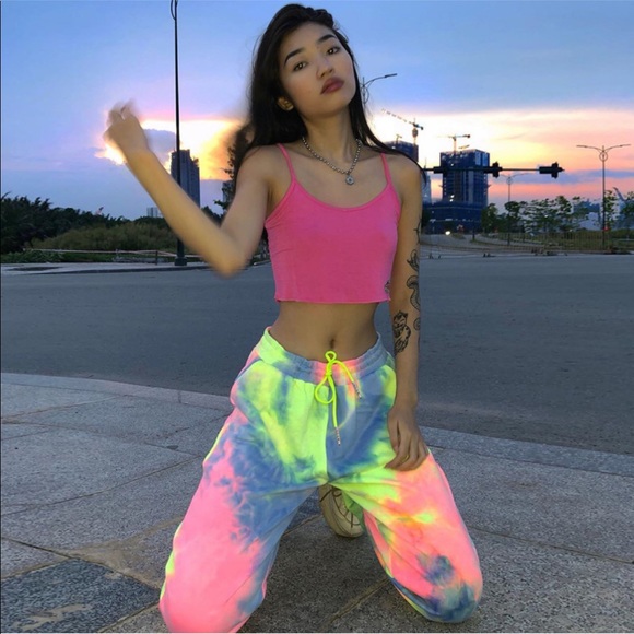 Neon pink yellow blue Tie dye joggers sweatpants - Picture 3 of 16
